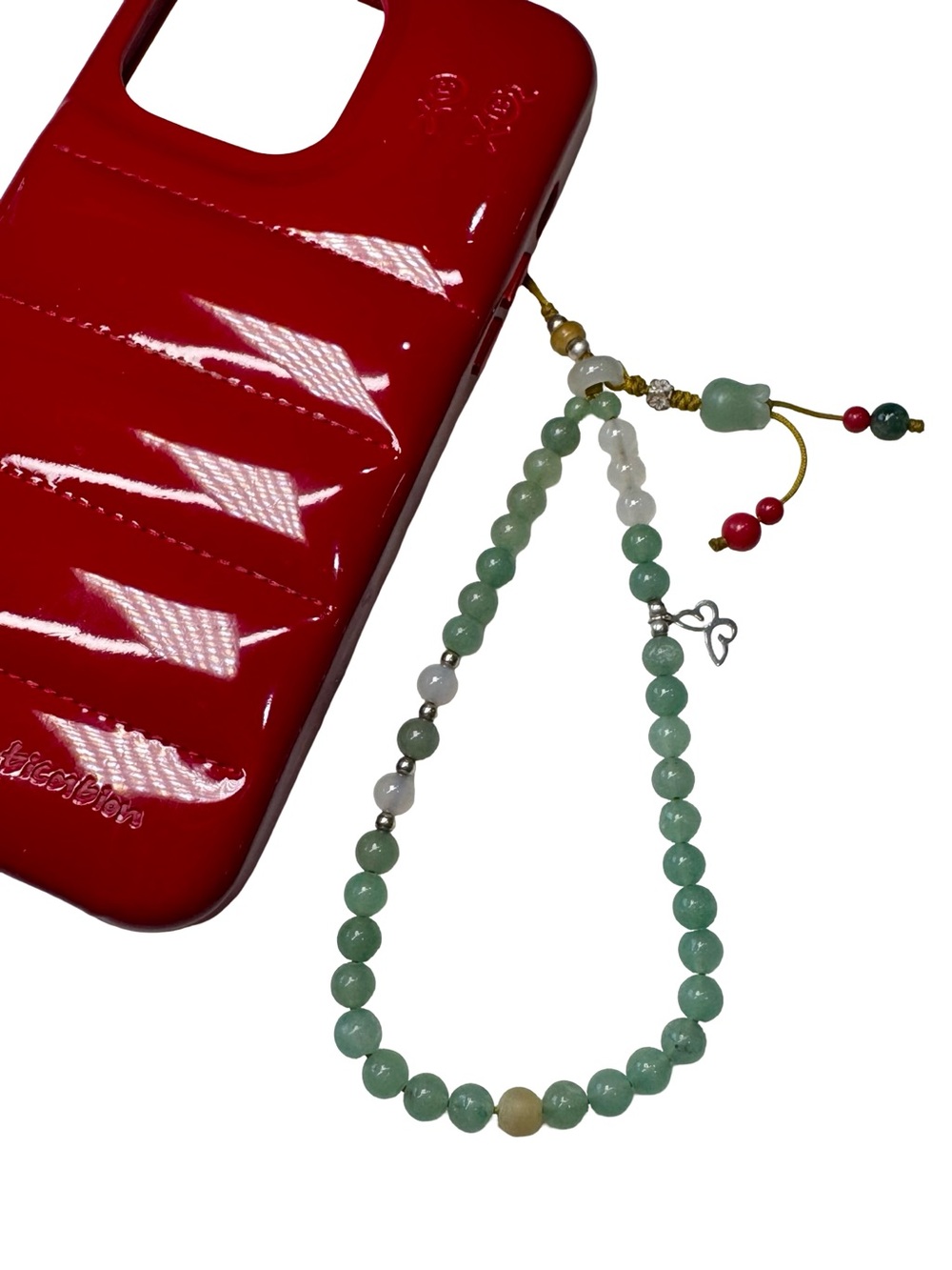 🍈🍒 Handmade Green Jade Beaded Phone Charm Wrist Strap with Accent Beads 🍒🍈